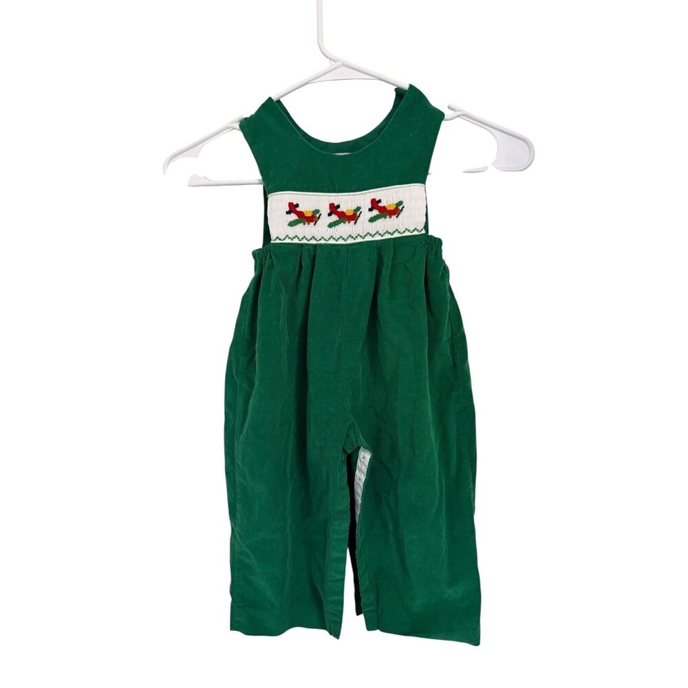 House of Hatten Baby Corduroy Longall Romper Green Smocked Airplanes 12M